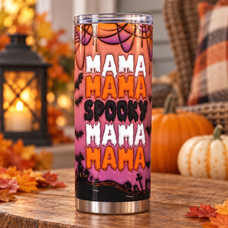 Spooky Mama repeated lettering on graveyard — one tumbler in porch setting