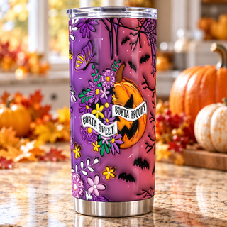Sorta Sweet Sorta Spooky: floral pumpkin — one tumbler in kitchen setting