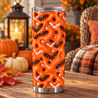 Black and white bats on orange — one tumbler in porch setting