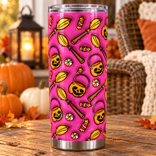 Pumpkin buckets, brooms and candy on pink — one tumbler in porch setting