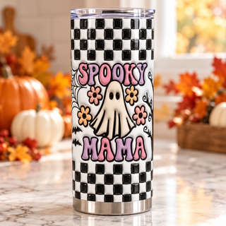 Spooky Mama: ghost and checkerboard — one tumbler in kitchen setting