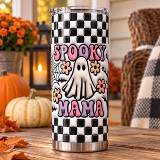 Spooky Mama: ghost and checkerboard — one tumbler in porch setting