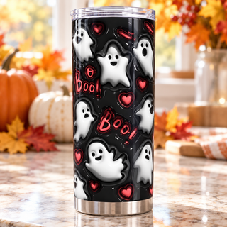 White ghosts, hearts and Boo on black — one tumbler in kitchen setting