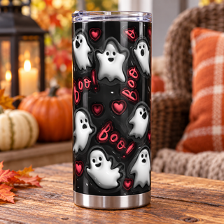 White ghosts, hearts and Boo on black — one tumbler in porch setting