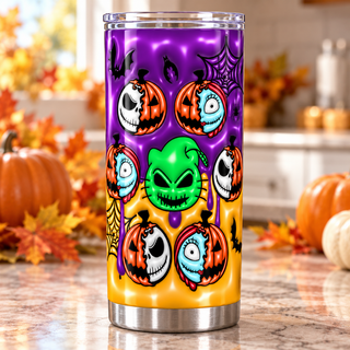 Spooky Storybook character pumpkins — one tumbler in kitchen setting