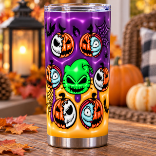 Spooky Storybook character pumpkins — one tumbler in porch setting