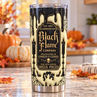 Three Witches Black Flame Company: tan-black — one tumbler in kitchen setting
