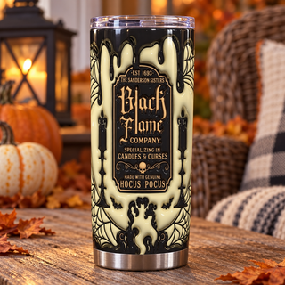 Three Witches Black Flame Company: tan-black — one tumbler in porch setting