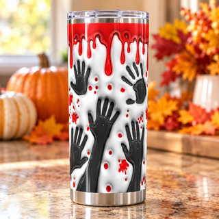 Bloody handprints on white — one tumbler in kitchen setting