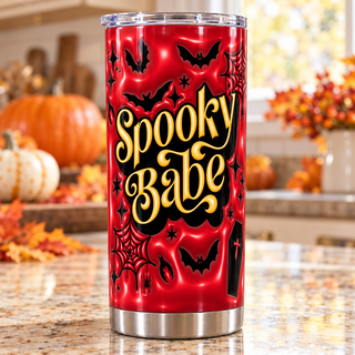 Spooky Babe: gold lettering on red-black — one tumbler in kitchen setting