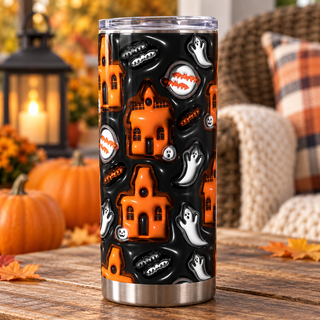 Haunted houses, ghosts and mouths on black — one tumbler in porch setting