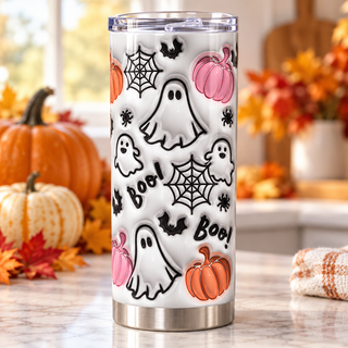 Ghosts, pink pumpkins and webs — one tumbler in kitchen setting