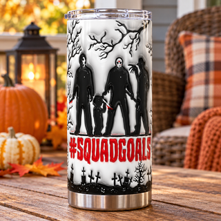 Squadgoals: masked horror characters — one tumbler in porch setting
