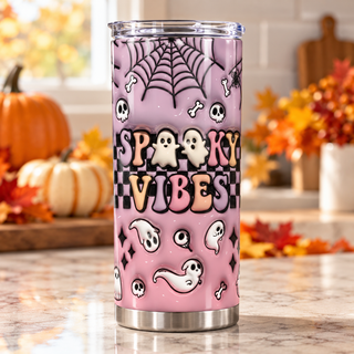 Spooky Vibes: ghosts and checkerboard on purple — one tumbler in kitchen setting