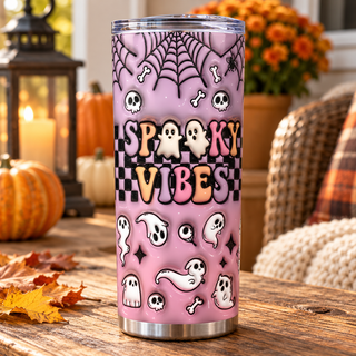 Spooky Vibes: ghosts and checkerboard on purple — one tumbler in porch setting
