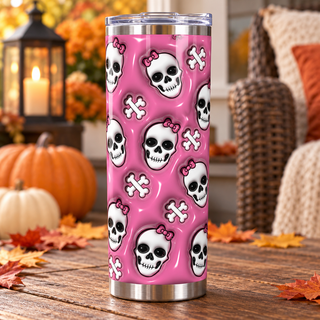 Skulls with pink bows and crossbones — one tumbler in porch setting