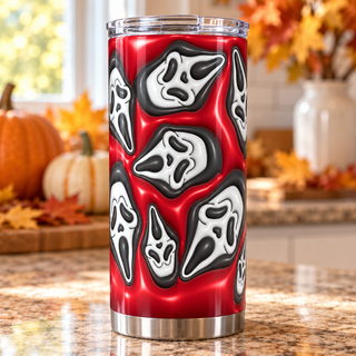 Black Screaming-Mask Character mask pattern on red — one tumbler in kitchen setting