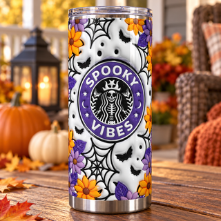 Spooky Vibes coffee parody with flowers and webs — one tumbler in porch setting