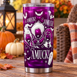 Three Witches and Lettering — one tumbler in porch setting