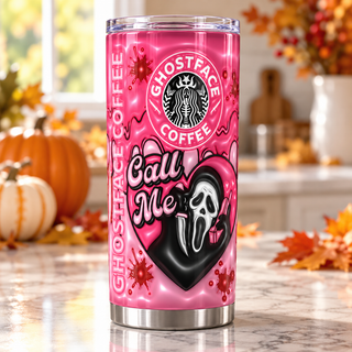 Screaming-Mask Character coffee parody: Call Me heart — one tumbler in kitchen setting