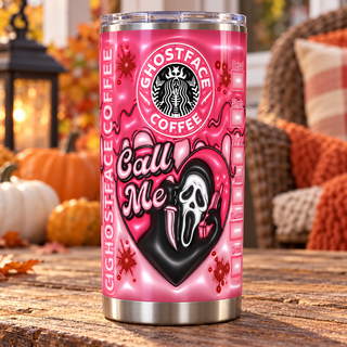Screaming-Mask Character coffee parody: Call Me heart — one tumbler in porch setting