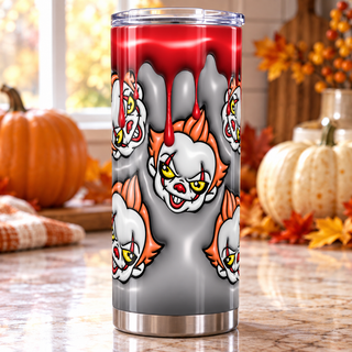 Sinister Clown faces with blood drips — one tumbler in kitchen setting
