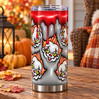 Sinister Clown faces with blood drips — one tumbler in porch setting