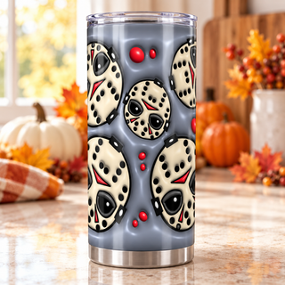 Hockey-Masked Character mask pattern on blue-gray — one tumbler in kitchen setting
