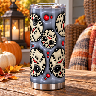 Hockey-Masked Character mask pattern on blue-gray — one tumbler in porch setting