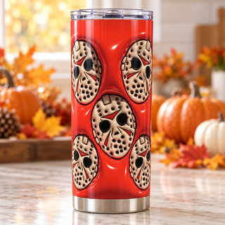 Hockey-Masked Character masks on red — one tumbler in kitchen setting