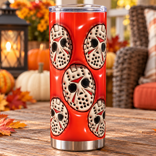 Hockey-Masked Character masks on red — one tumbler in porch setting