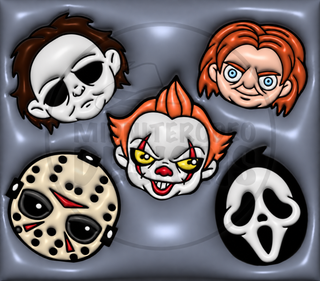 Mixed horror faces on blue-gray — watermarked full artwork