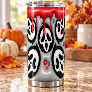 Screaming-Mask Character masks with blood drips — one tumbler in kitchen setting
