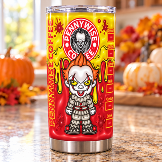 Sinister Clown coffee parody on yellow — one tumbler in kitchen setting