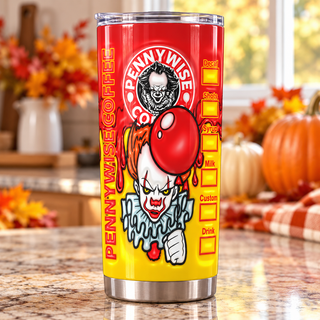 Sinister Clown coffee parody: Horror balloon design — one tumbler in kitchen setting