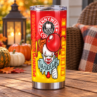 Sinister Clown coffee parody: Horror balloon design — one tumbler in porch setting