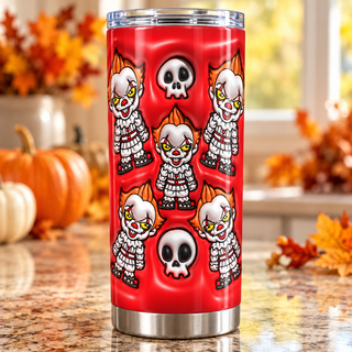 Sinister Clown figures and skulls on red — one tumbler in kitchen setting
