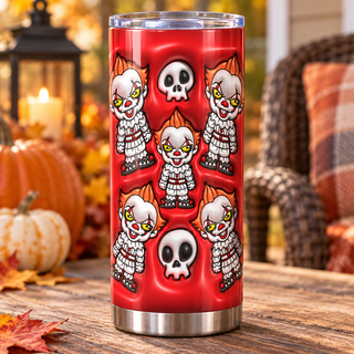 Sinister Clown figures and skulls on red — one tumbler in porch setting