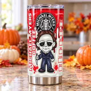 Pale-Masked Character coffee parody — one tumbler in kitchen setting