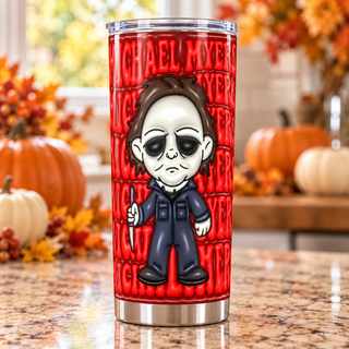 Pale-Masked Character with repeated name lettering — one tumbler in kitchen setting