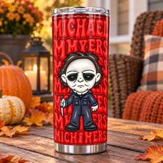 Pale-Masked Character with repeated name lettering — one tumbler in porch setting