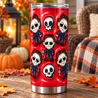 Pale-Masked Character figures and skulls on red — one tumbler in porch setting