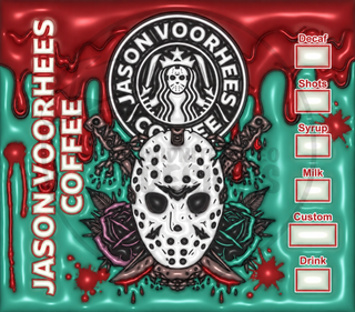 Hockey-Masked Character coffee parody: mask and floral accents — watermarked full artwork