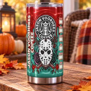 Hockey-Masked Character coffee parody: mask and floral accents — one tumbler in porch setting