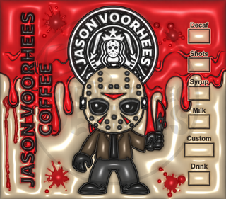 Hockey-Masked Character coffee parody: cartoon figure — watermarked full artwork