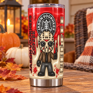 Hockey-Masked Character coffee parody: cartoon figure — one tumbler in porch setting