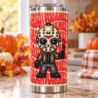 Hockey-Masked Character with repeated name lettering — one tumbler in kitchen setting