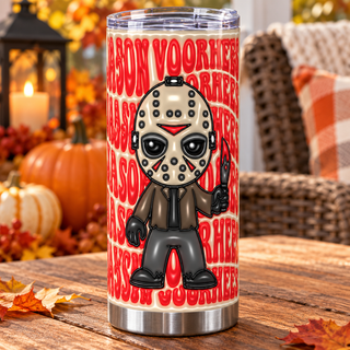 Hockey-Masked Character with repeated name lettering — one tumbler in porch setting