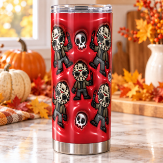 Hockey-Masked Character figures and skulls on red — one tumbler in kitchen setting