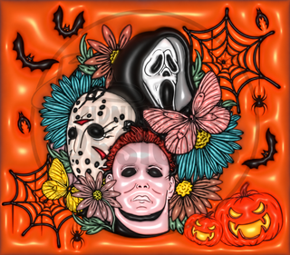 Horror masks and butterflies on orange — watermarked full artwork